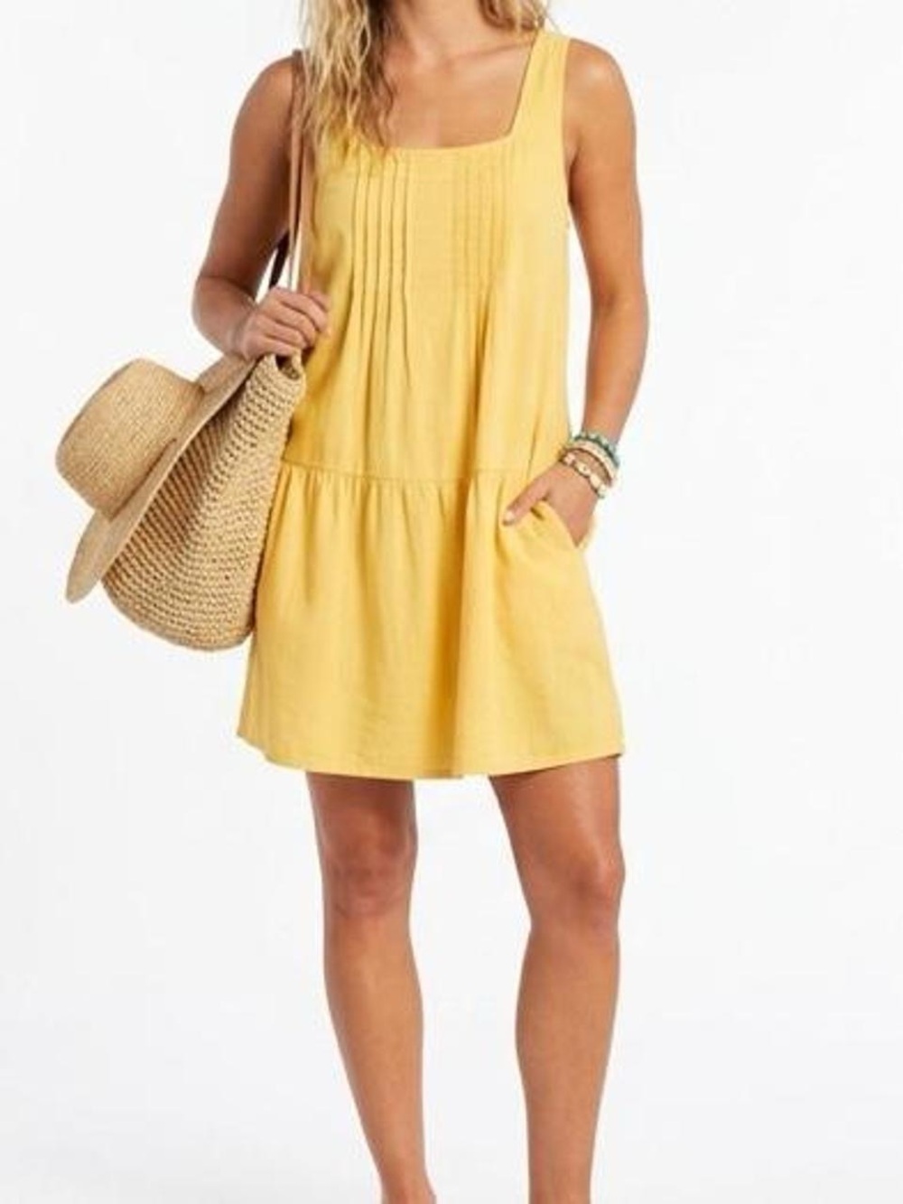 🌼 ROXY Yellow Pintuck Drop-Waist Mini Dress - Very Good Condition, Size Small 🌼